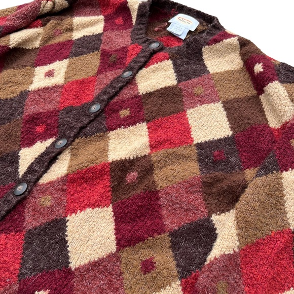 Vintage Talbots Argyle Boucle Knit Red & Tan Button Up Cardigan Sweater - Picture 7 of 11